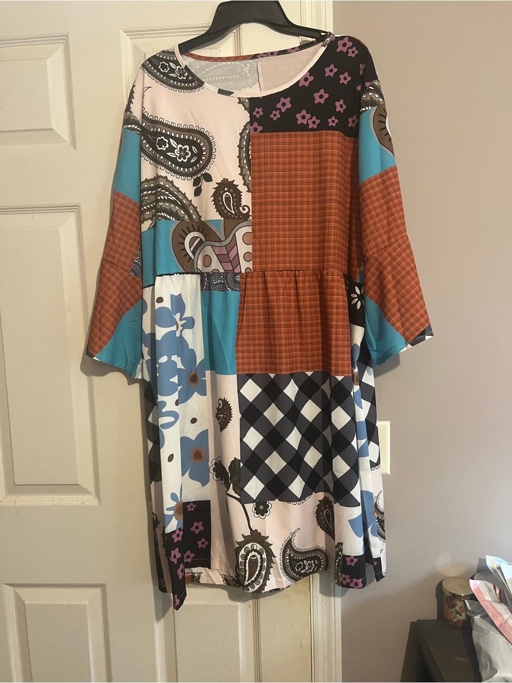 Patchwork Print Tunic Dress in Blue, Rust & Black